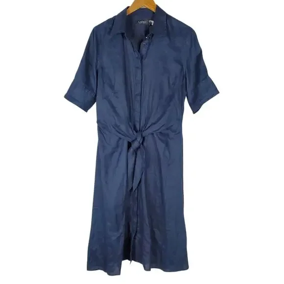 NEW Lauren Ralph Lauren Tie Front Linen Shirtdress Sz 10 Navy Blue Short Sleeve - Picture 2 of 13